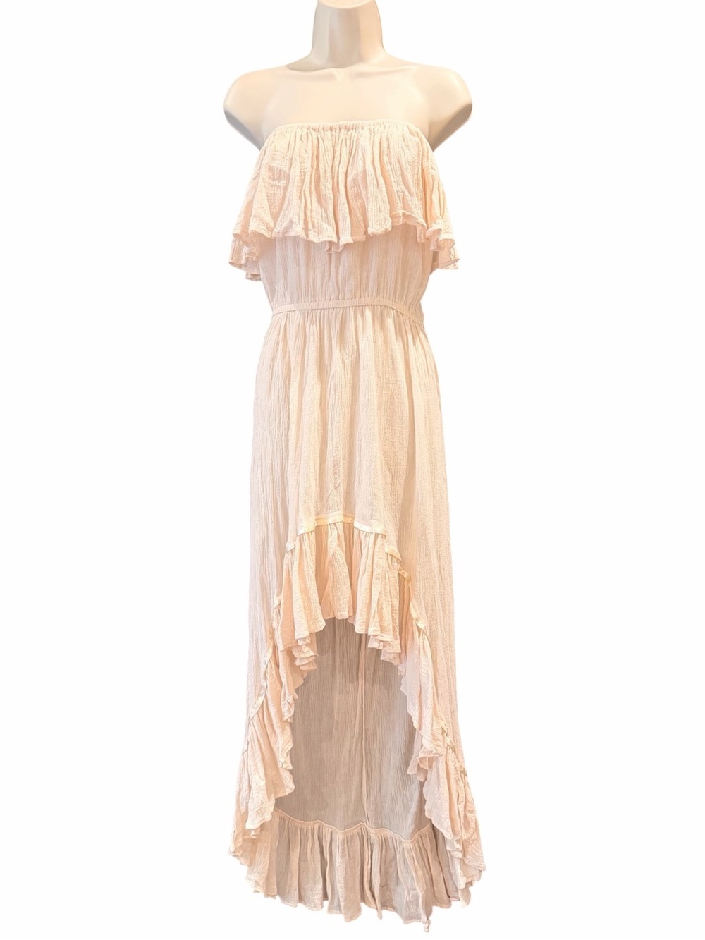Jen's Pirate Booty Strapless High-Low Ruffle Gauze Dress in Cream Pink Small